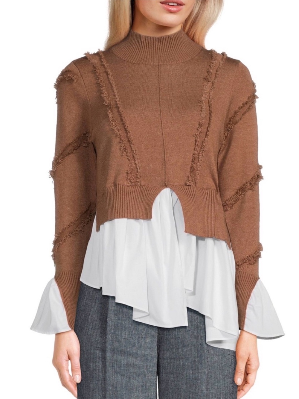 Avantlook: Orange Mock-Neck Fringe Sweater with Layered Hem